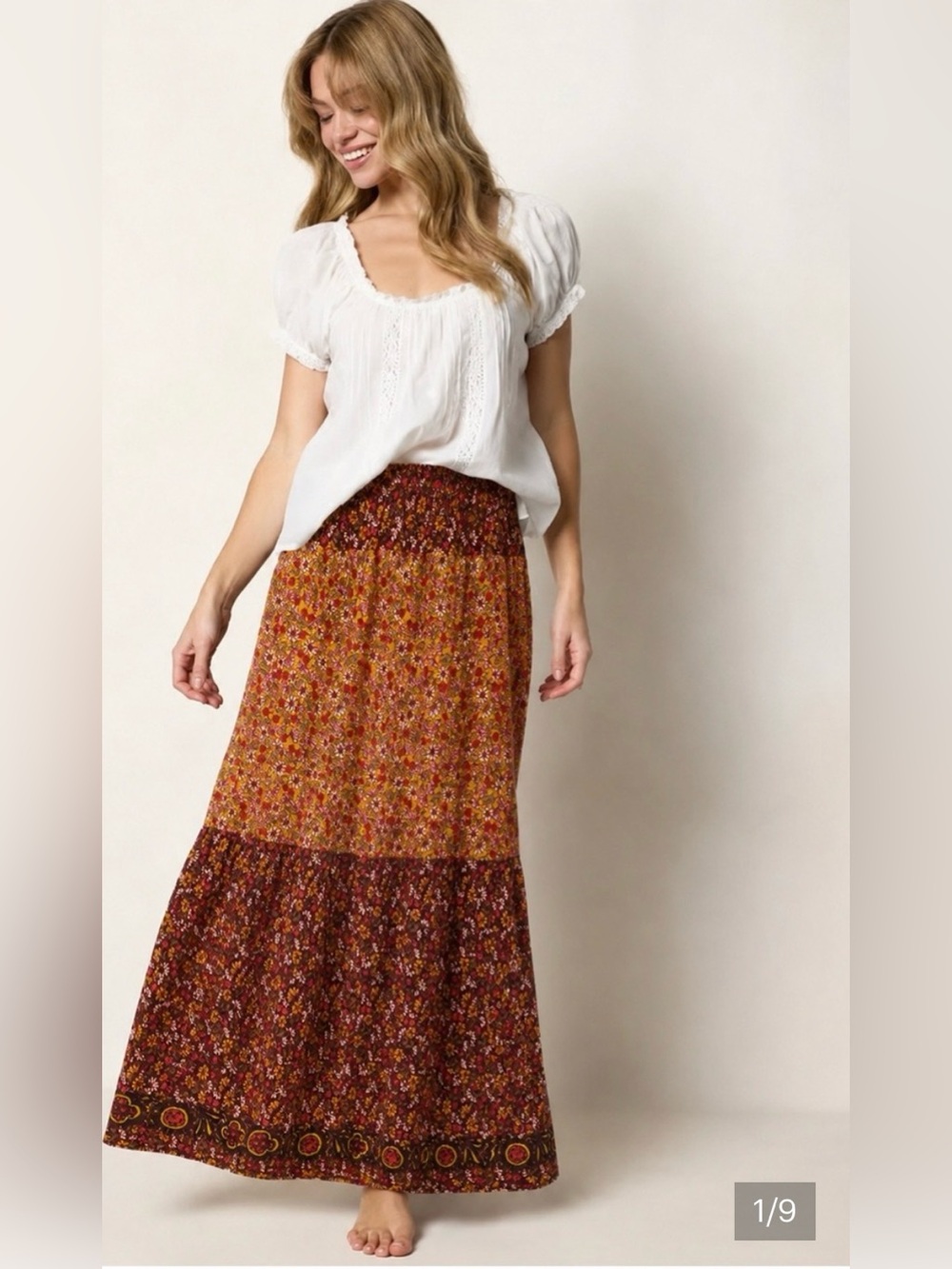 NATURAL LIFE Floral Tiered Maxi Skirt in Rust and Burgundy NWT